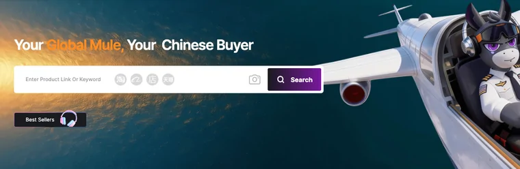 The Mulebuy homepage hero in June 2026: the line Your Global Mule, Your Chinese Buyer above a product search bar