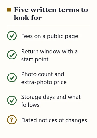 Five written terms that make an agent easier to trust: public fees, return window with start point, photo promise, storage terms, dated notices
