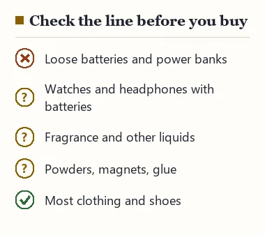 Items to check against shipping restrictions before buying: batteries, watches and headphones, liquids, powders and magnets; most clothing ships easily