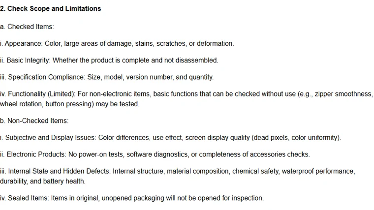 Archived copy of the Mulebuy quality check help page, August 2026, showing the lists of what was and was not inspected