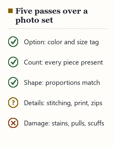 Five passes over a QC photo set: option, count, shape, details, damage