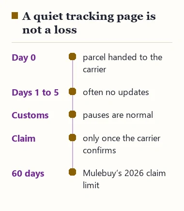 Timeline showing that days without tracking updates and customs pauses are normal, and that a claim follows carrier confirmation
