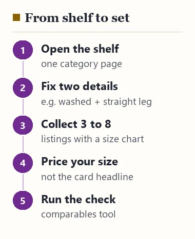 Five steps from a shelf to a comparable set: open the shelf, fix two details, collect three to eight listings, price your own size, run the check