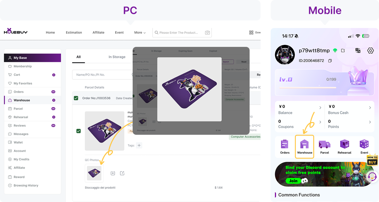 Official Mulebuy demonstration showing Warehouse and the QC Photos thumbnail opening a larger item image