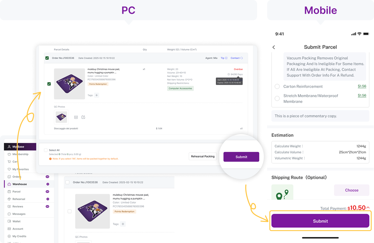 Selected Warehouse items, Rehearsal Packing and Submit on desktop; packing, estimation, route and Submit on mobile.