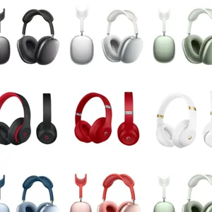 Over-ear wireless headphones in black, silver, green, red, white and blue, set out in rows