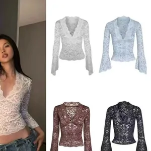 Lace V-neck long-sleeve tops in white, pale blue, brown and black, one of them worn by a model